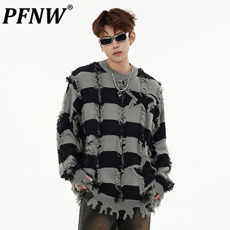 

PFNW New Fashion Men's Sweater Stars Knitting Worn-out Raw Edge Irregular Hem Contrast Color Male Pullover Tops Loose New 12C822