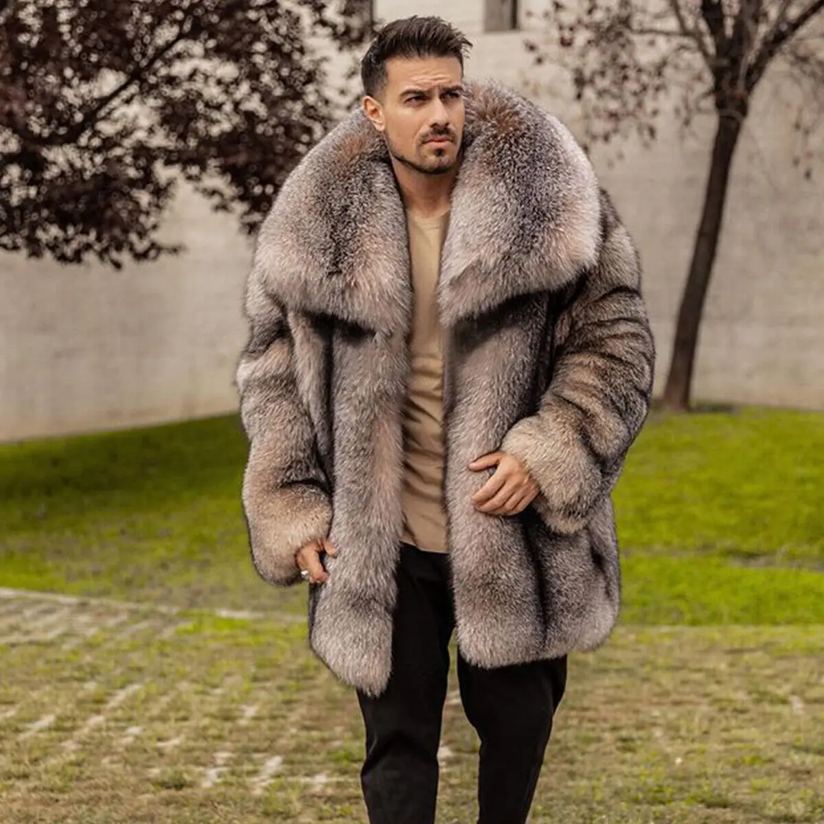 Luxury Genuine Crystal Fox Fur Coat Man Winter Big Lapel Collar Warm Natural Fox Fur Jacket Overwear Real Fur Thick Overcoat