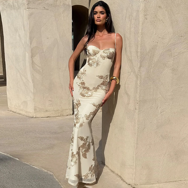 

Ticketsx Flower Print Sling Long Dress Women's Sleeveless Backless Lace Up Floor Length Dress Lady Wedding Party Elegant Dresses