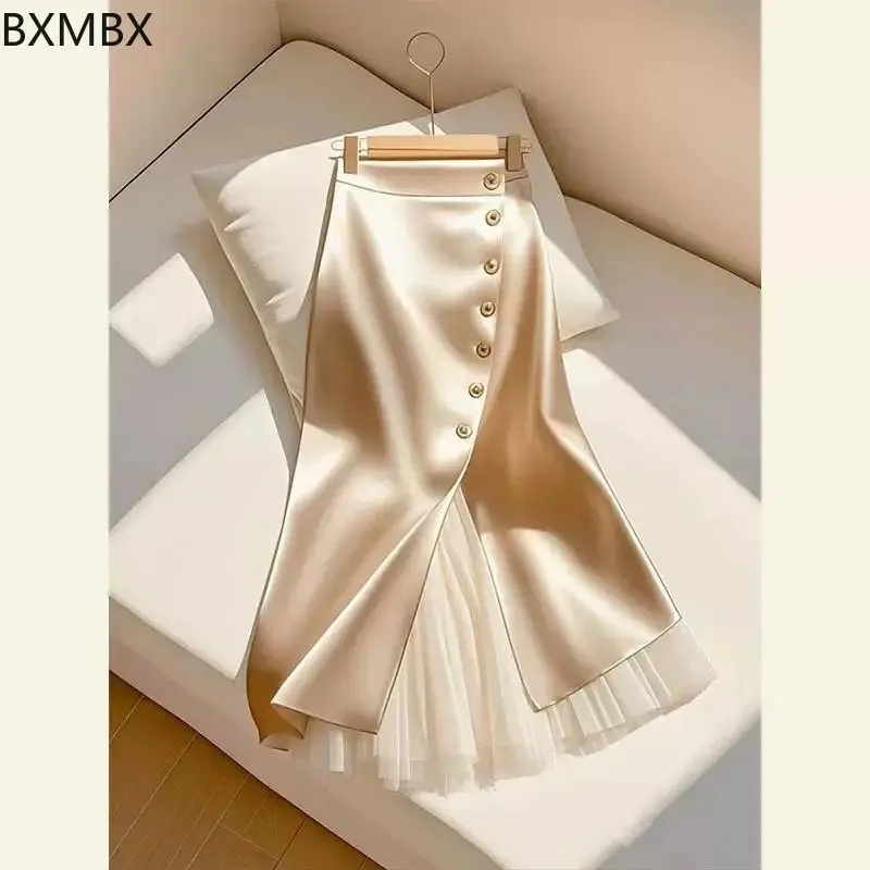 2025 high-end sense is super good-looking. Apricot splicing acetate satin a-word large skirt,  for women
