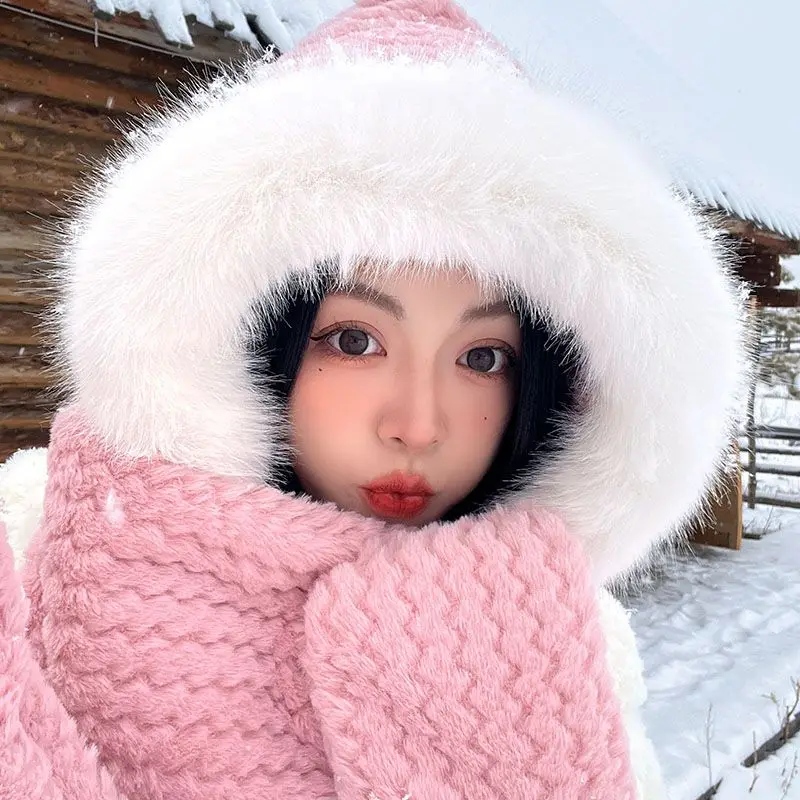 Fashion Winter Women Novelty Beanies Caps Warm Hat Casual Plush Hat Scarf Set Casual Solid Women Caps E1769