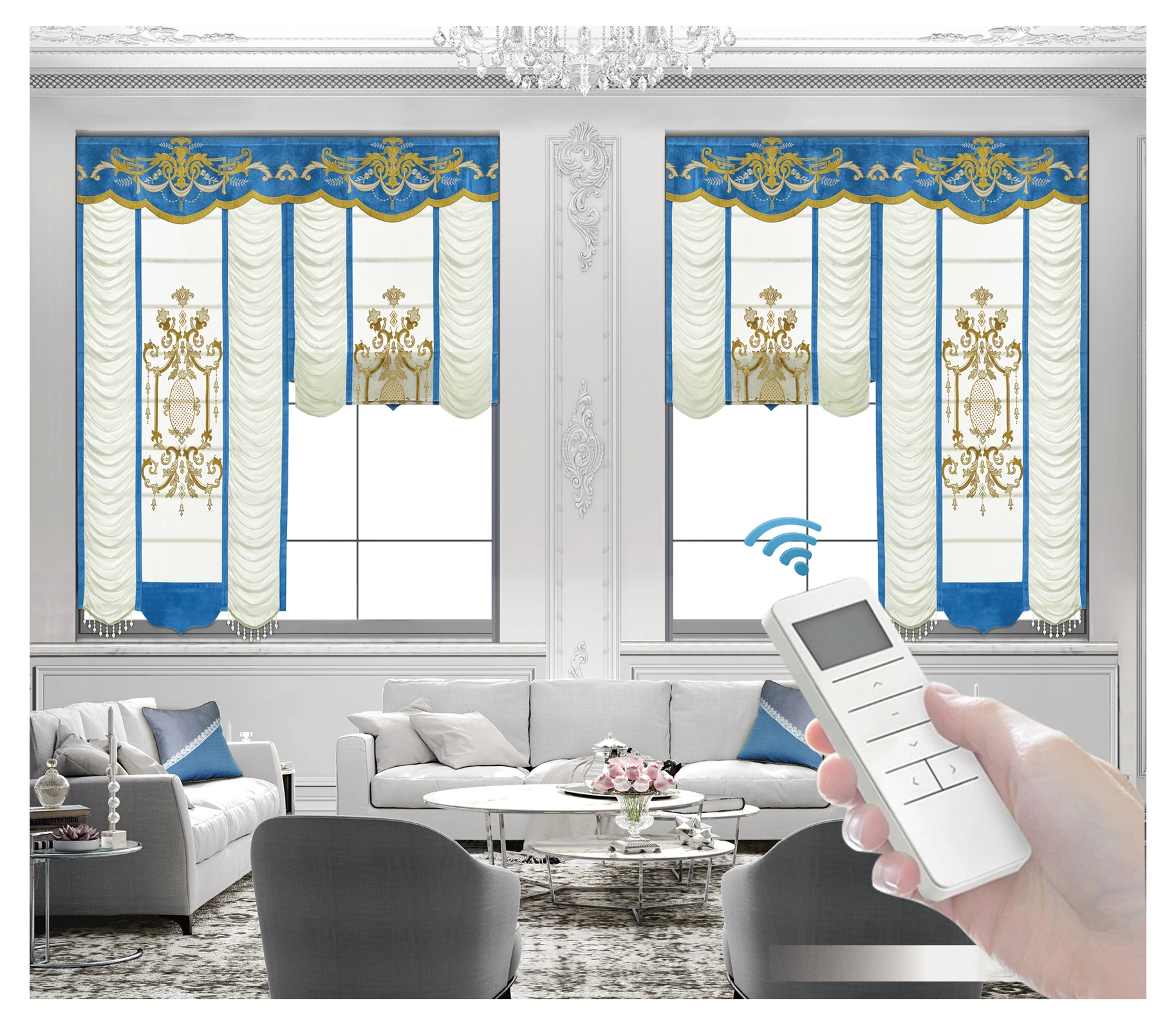 

WiFi App Control Google Alexa Blackout Fan Roman Blinds Roman Shades Electric Smart Control Roman Blinds For Window