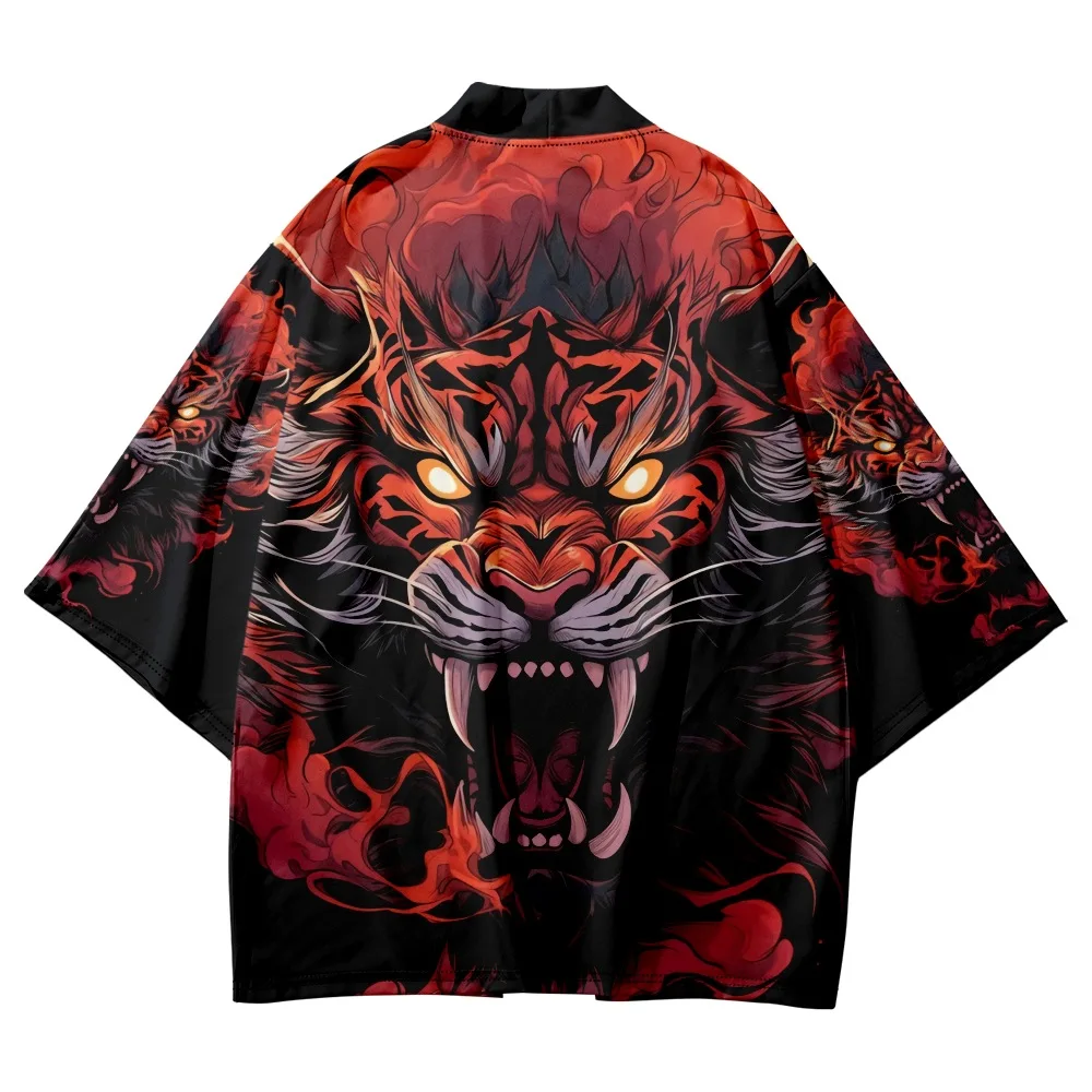 النمط الياباني أنيمي النمر طباعة التقليدية كيمونو الرجال يوكاتا سترة قمصان تأثيري Haori المتضخم ملابس الشارع الشهير #2