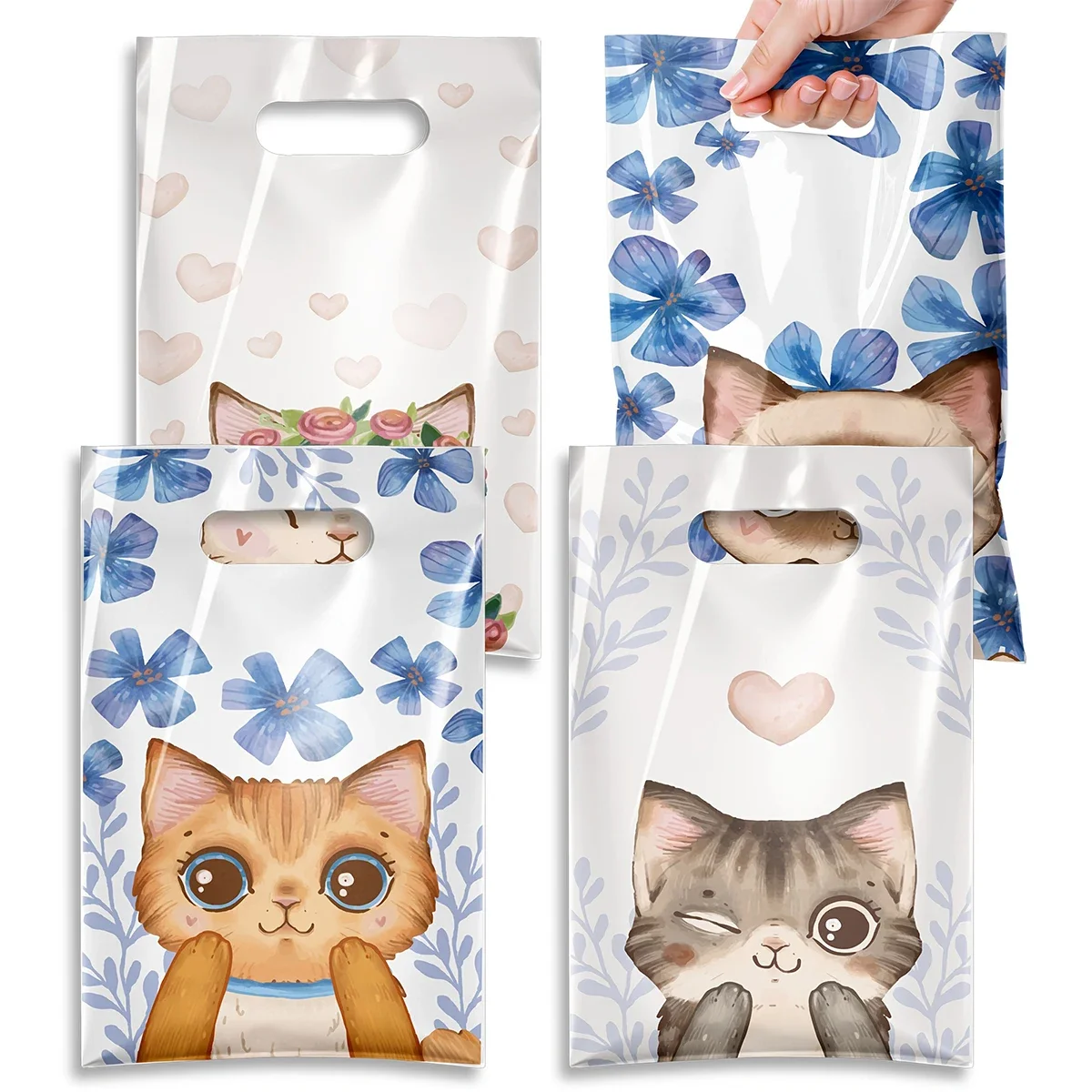 50 Stück Taschen mit Katzenmuster-Griff, 4 verschiedene Stile, schöne Cartoon-Katzen-Geschenktüten, ideal für Partys, Geschenkverpackungen und andere Veranstaltungen – Detail 1