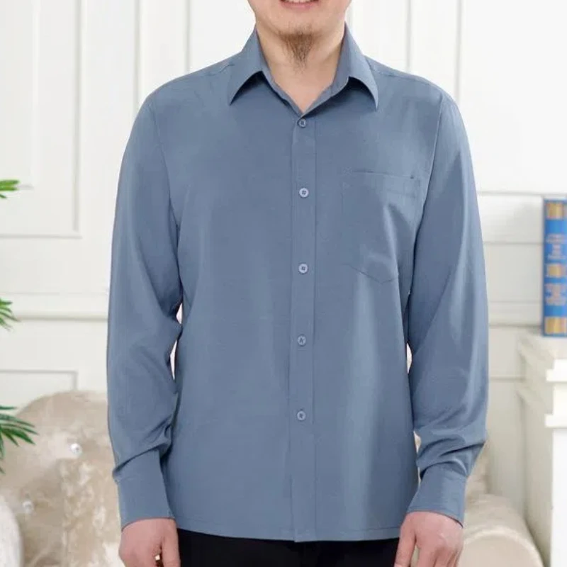 Fashion Men New Shirt Spring Summer Thin Lapel Solid Pockets Single Breasted Ice Silk Simplicity Casual Long Sleeve Loose Tops