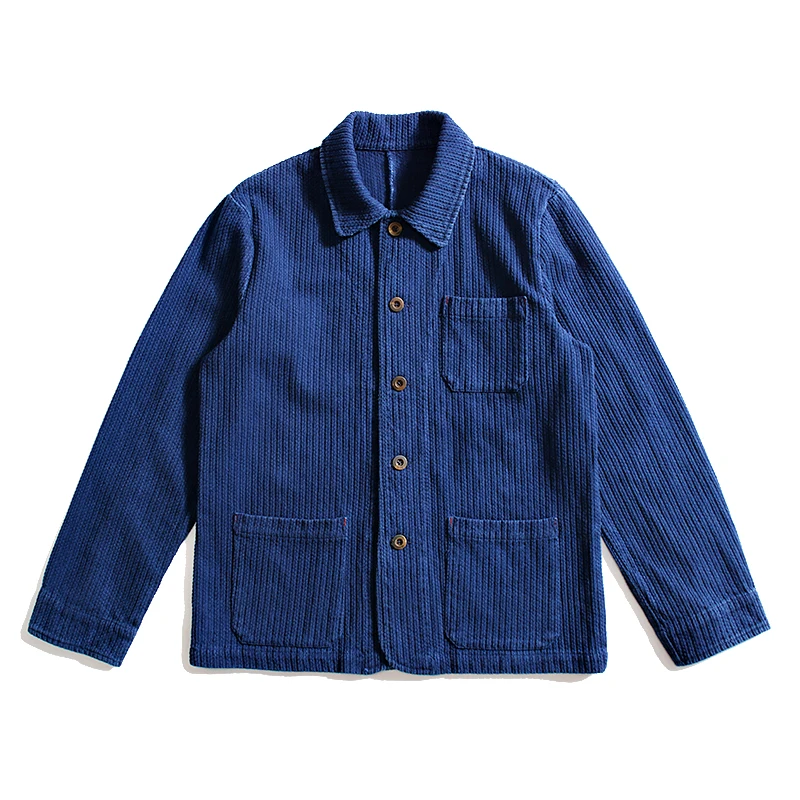 Indigo Cargo Jacket Men Vintage Heavy Weight Cotton Blue Dyed Workwear Tooling Jacket French Retro Multi-pocket Cardigan Coat