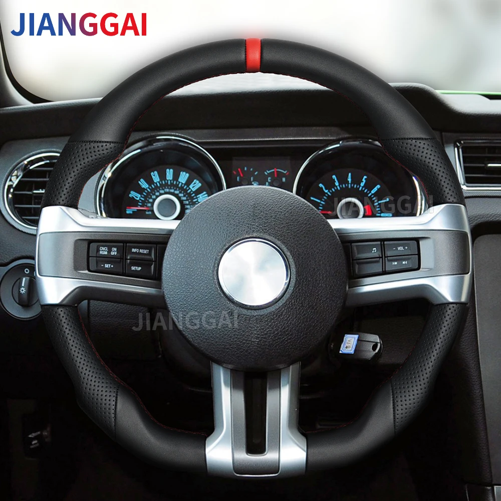 Car Steering Wheel For Mustang 2010 2011 2012 2013 2014 Mustang Full Leather Steering Wheel Black Smooth Leather Flat Bottom