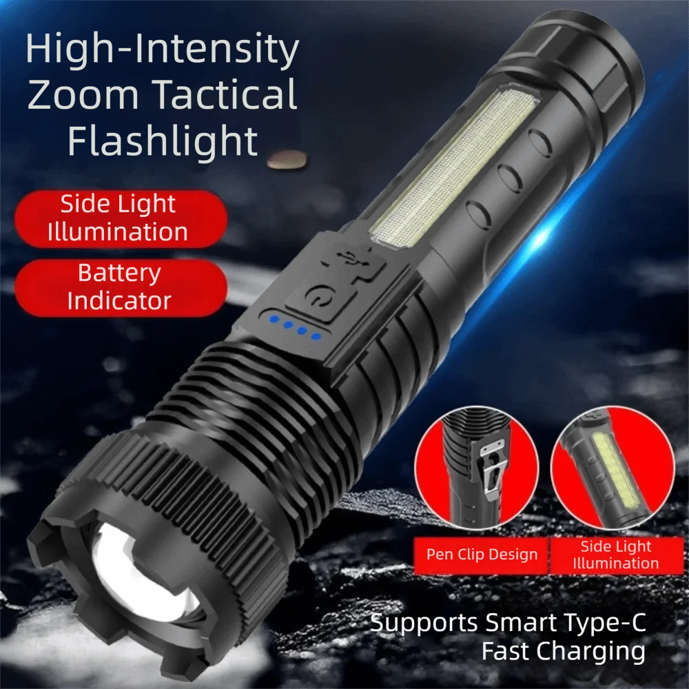 Super Bright Zoom Rechargeable Flashlight Power Display Portable COB Work Light Durable Long Lasting Runtime Emergency Torch