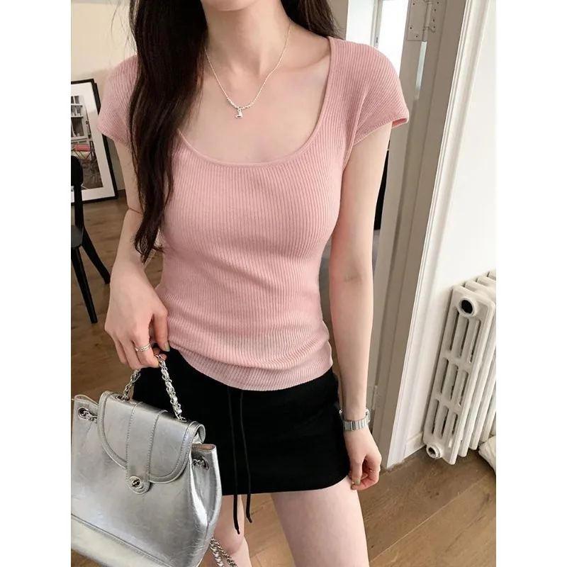 Koreaanse stijl gebreide basics dames 2024 zomer nieuwe slim-fit effen kleur eenvoudige korte mouwen U-hals T-shirt chique top