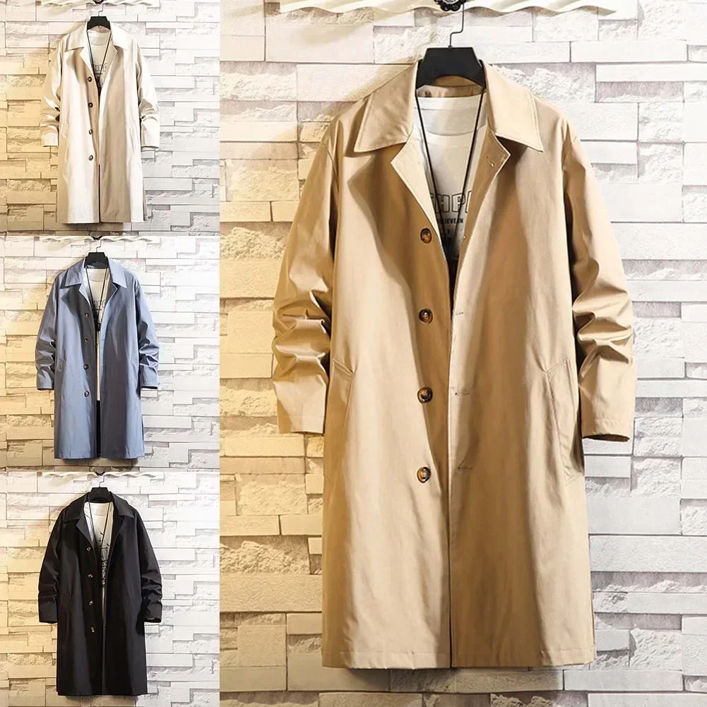 Men Spring Autumn Oversized Trench Coat Fashion Loose Medium Length Turn Down Collar Windbreaker Handsome Overcoat