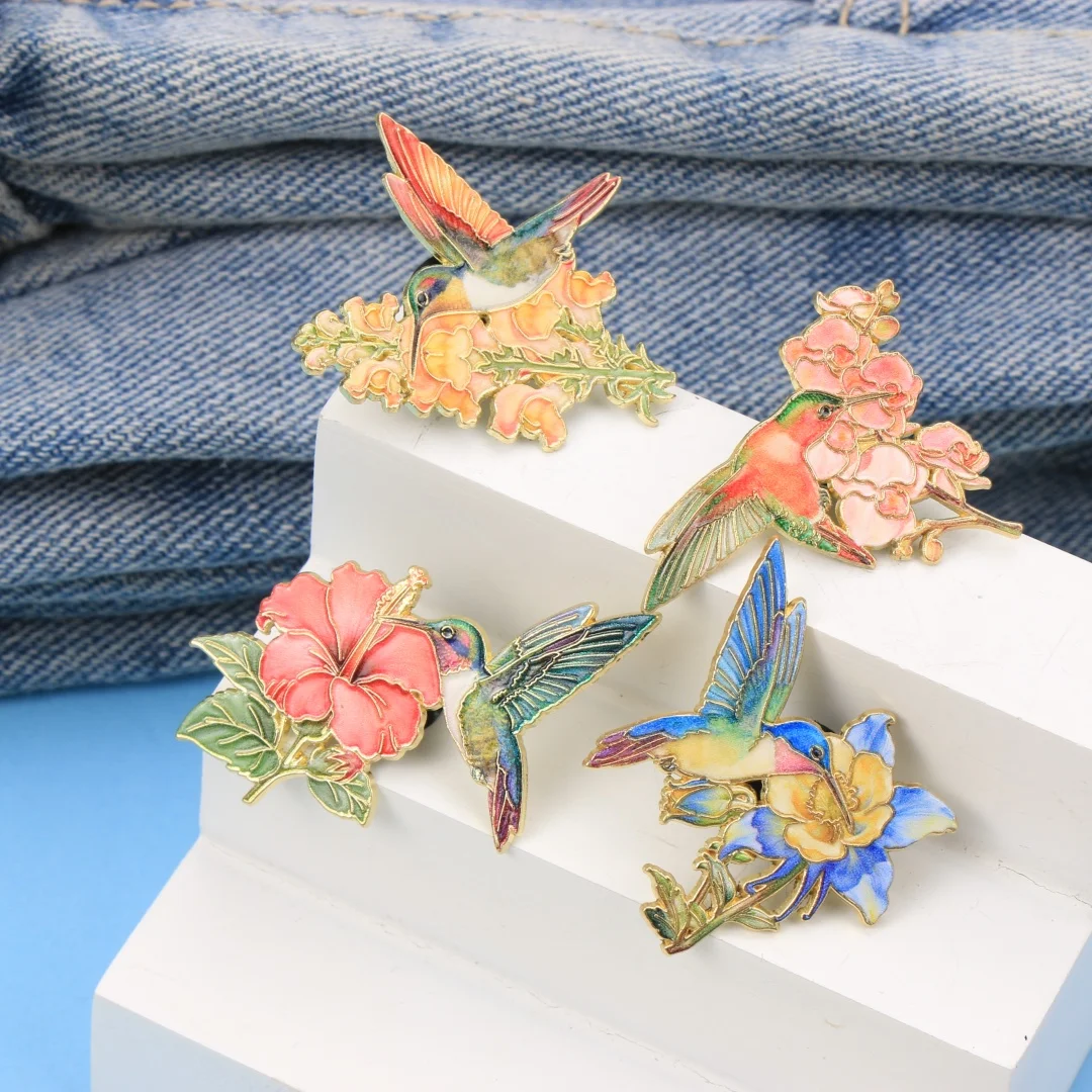 Assorted Vibrant Hummingbird & Floral Enamel Pin Set, Delicate Gold Trim Bird Brooches, Colorful Botanical Metal Badges Jackets view 5