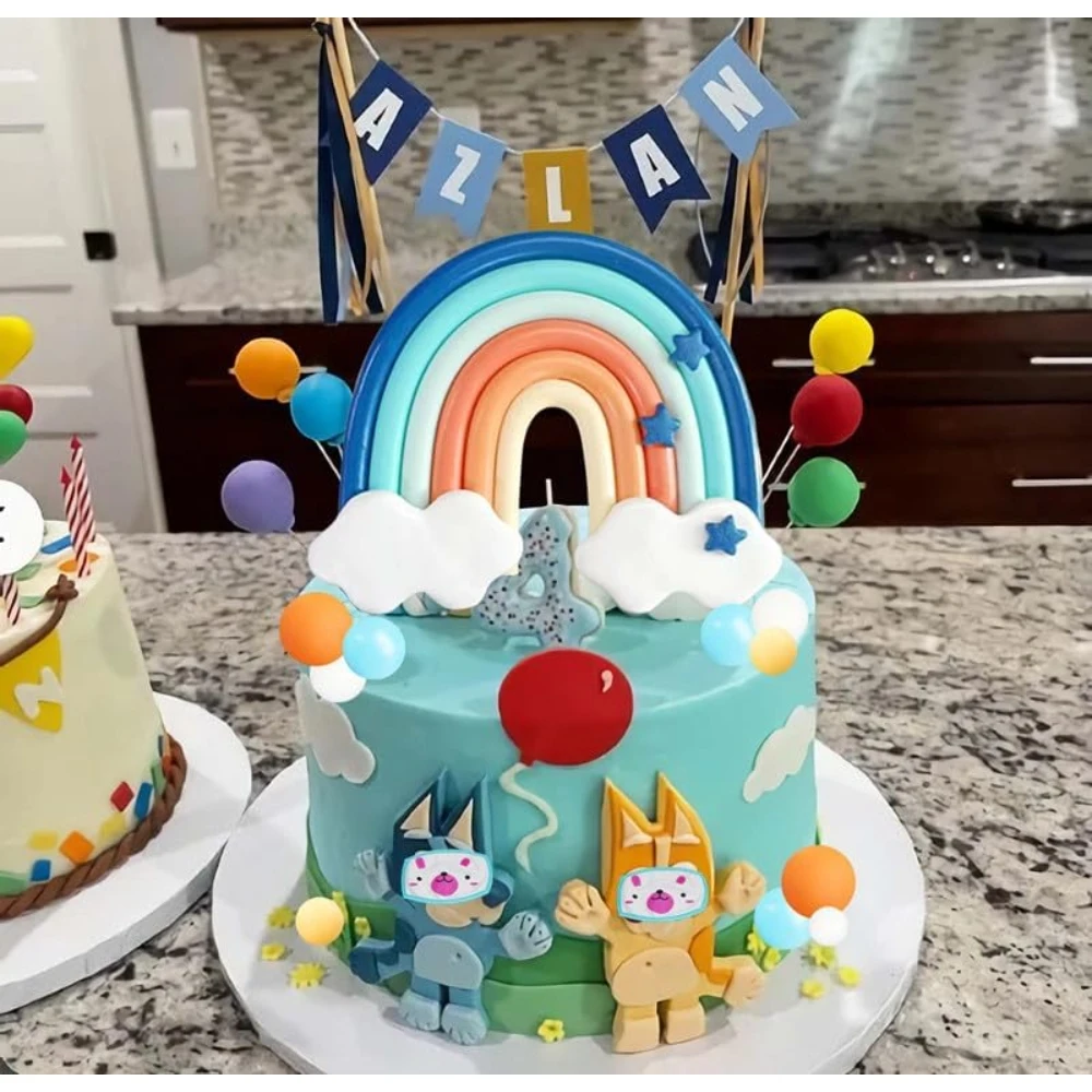 Lebendige blaue Regenbogen-Kuchenaufsätze mit orange-weißen Kugeln – Zubehör für Hunde-, Geburtstags- und Babyparty-Partydekorationen – Detail 4
