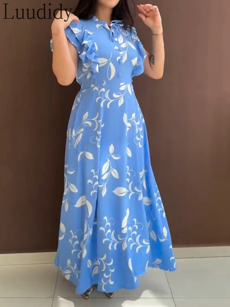 Vestido maxi com estampa floral, gravata, ombro, babados, casual, botão na cintura, franzido, linha A