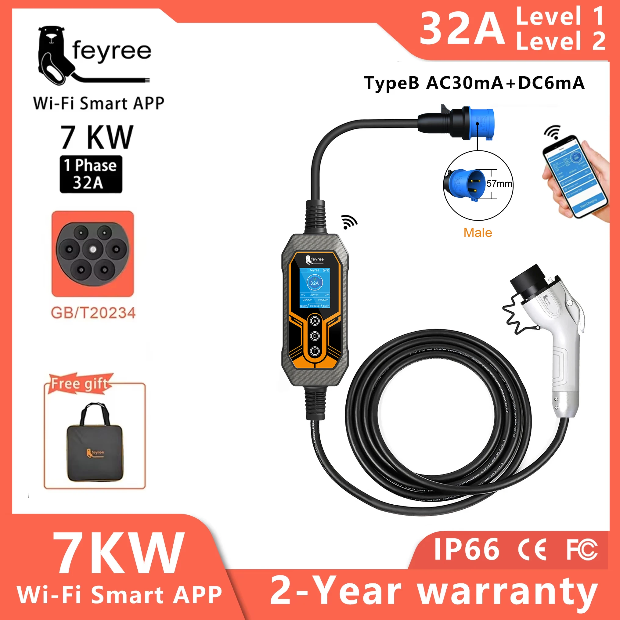 feyree GB/T Portable EV Charger EVSE 11KW 16A 3Phase APP WIFI Version 7KW 32A 1Phase for Electric Vehicle Car Charger