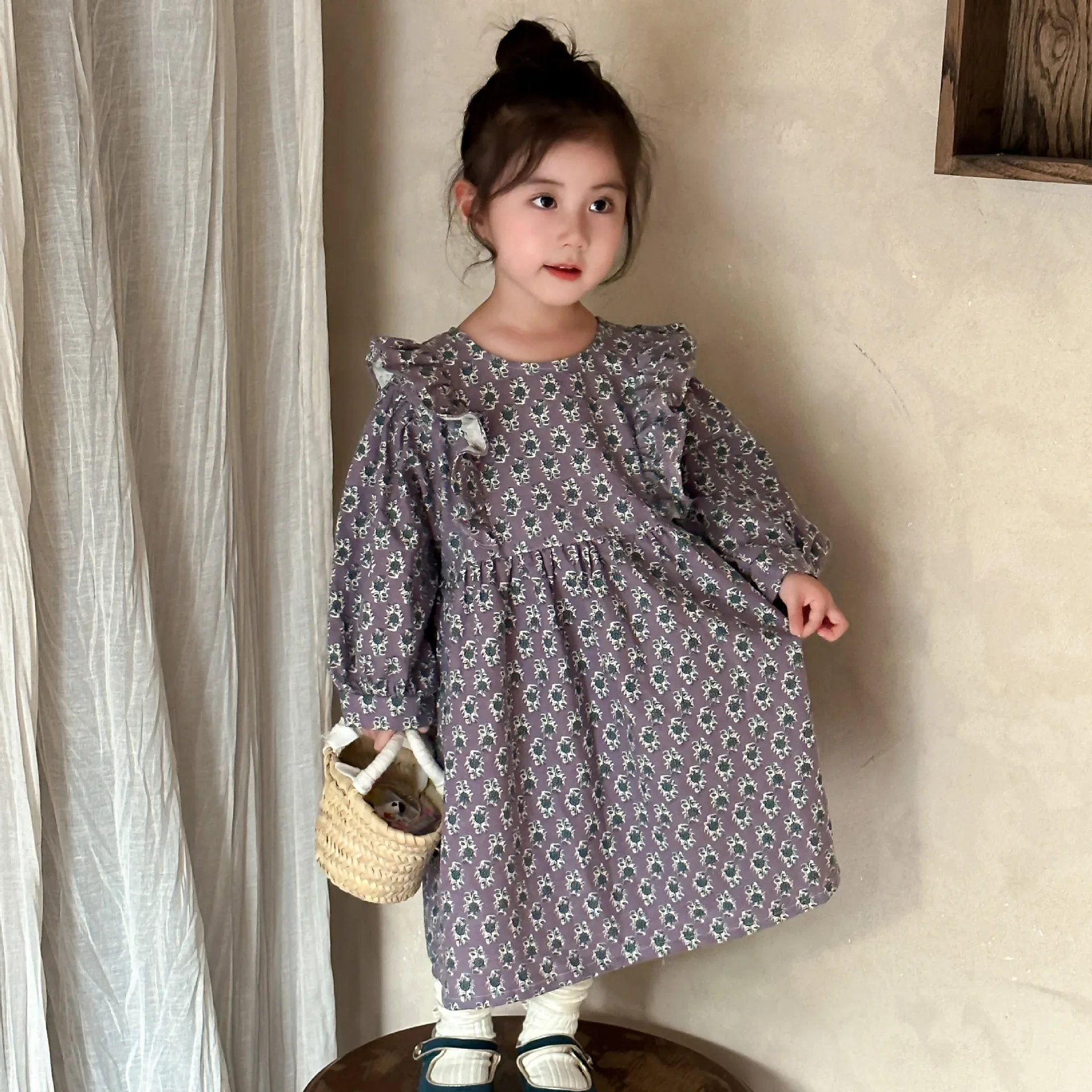 Girls Polished Floral Dress Children Autumn Dress 2024 New Spring and Autumn Fashion Long Sleeve Baby Princess Skirt Casual