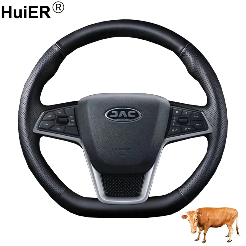 Cow True Leather Hand Sewing Car Steering Wheel Cover for JAC Refine S7 X7 2016-2020 Braid on Steering-wheel Wrap