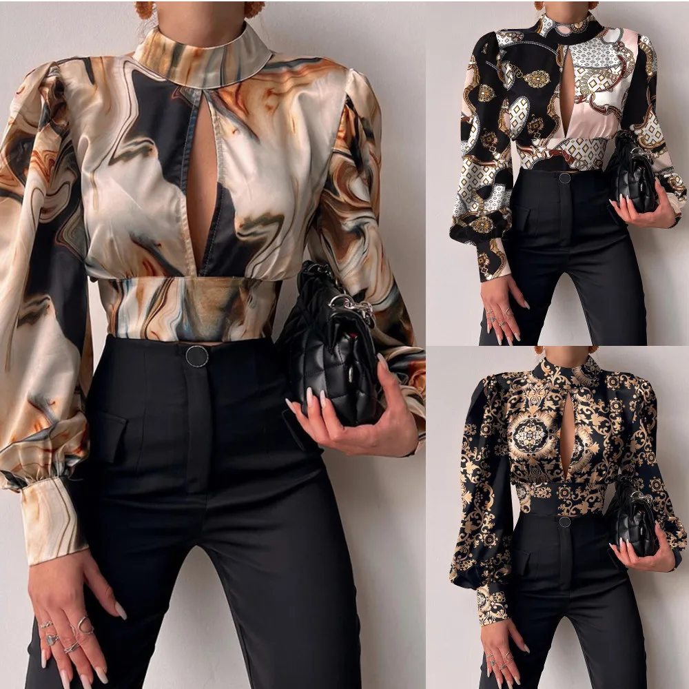 Top Sexy estampado de manga larga para mujer, blusa con cuello levantado, Mangas de linterna, Espalda descubierta, blusa con cordones, Camisa estampada, otoño, 2024