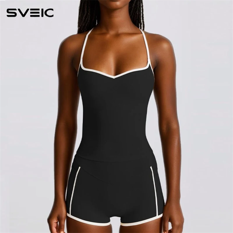 

SVEIC Gym Top Shorts Sets Sports Underwear Contrasting Color Vest Sexy Fitness Tops Workout Training Running Women Yoga Clothing