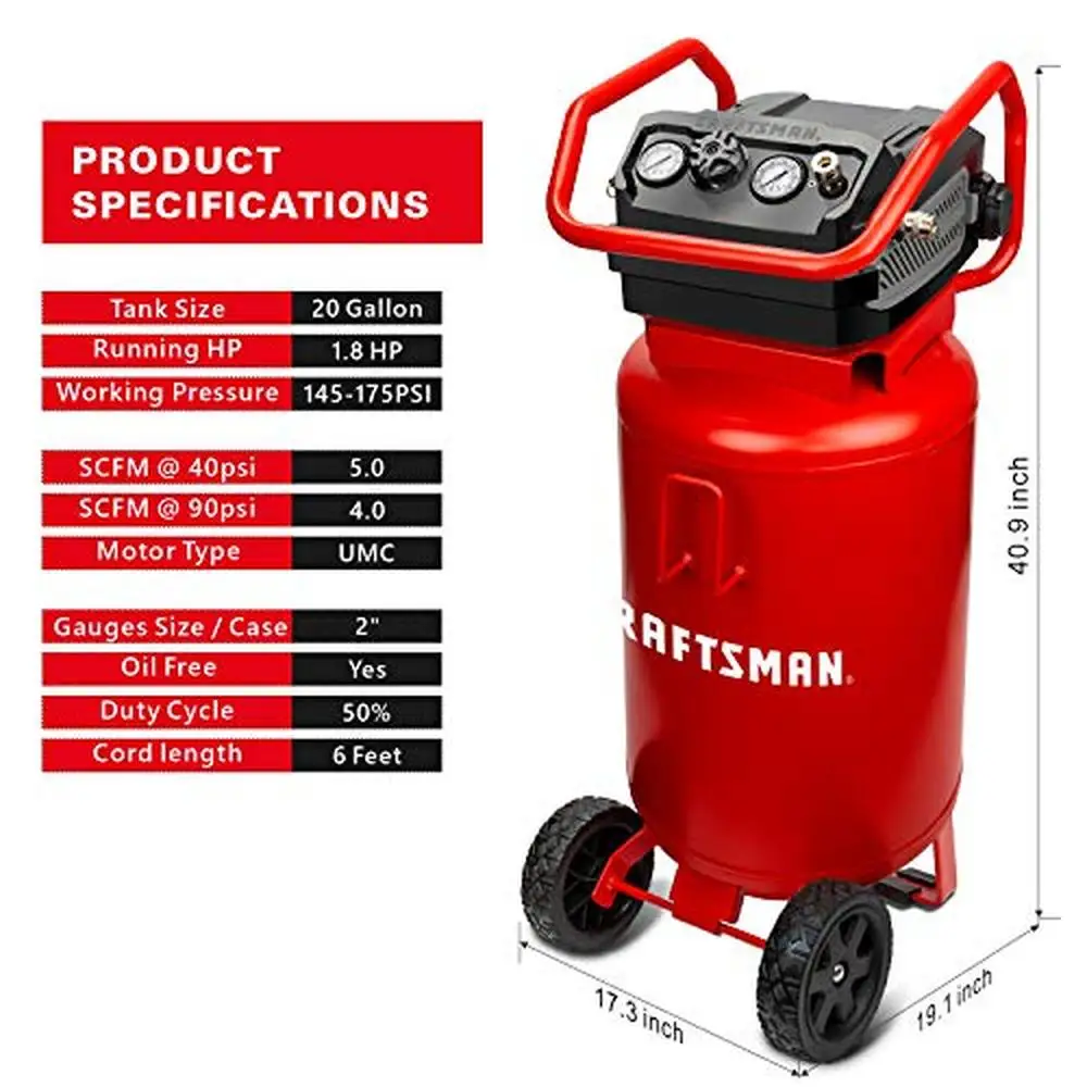 Kompresor udara bebas minyak 20 galon, 1,8 HP 175 PSI baja antikarat Peralatan bengkel garasi merah