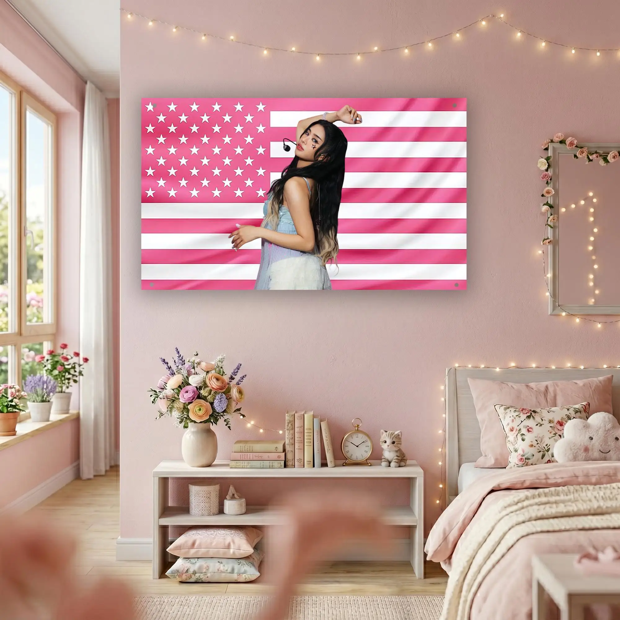 Pink American Flag Tapestry with Sophia KATSEYE Aesthetic, Pop Star Wall Hanging for Bedroom Living Room Dorm Decor Gift