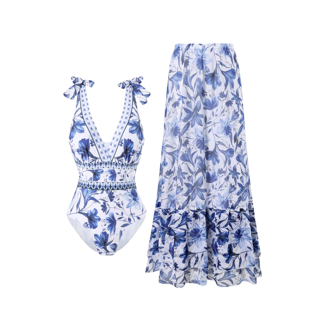 Summer Bohemian Style One Piece Swimsuit with Irregular Shoulder Straps Floral Print Beach Vacation Dress for Women