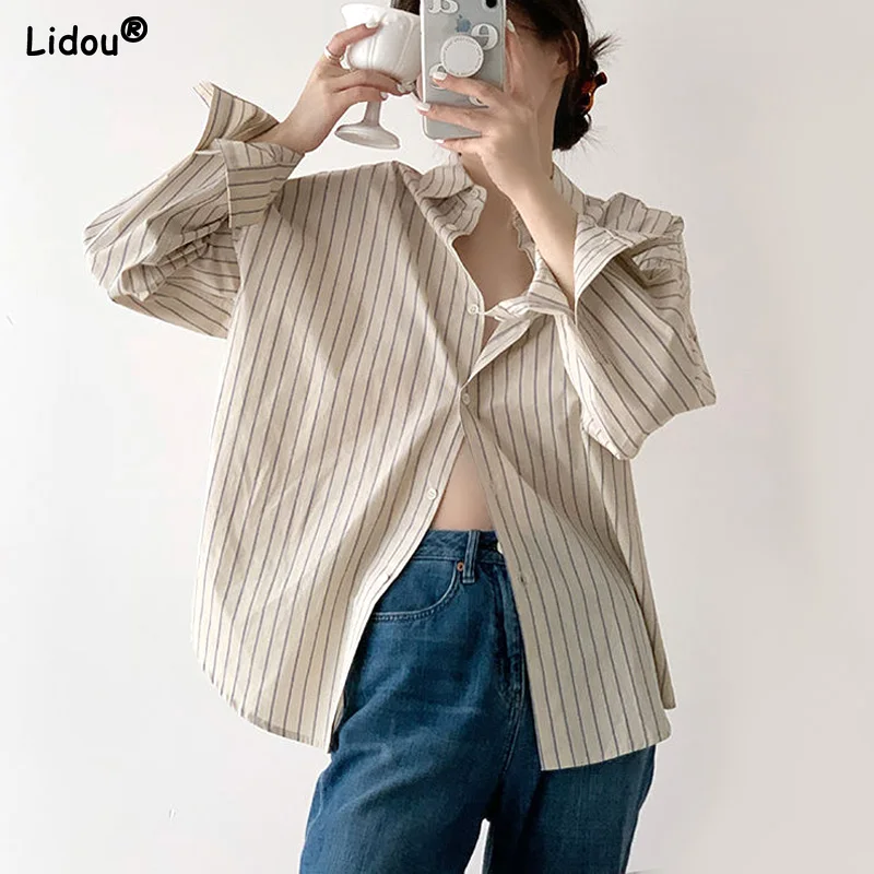 2023 Women\'s Clothing Fashion Casual Korean Striped Loose Button Capable Turn-down Collar Young Style Spring Summer Thin Blouses