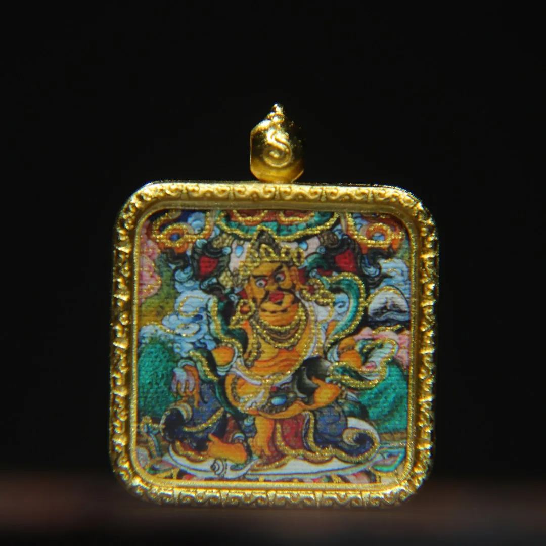 3.7x3 cm Metal Antique  Palace level Tangka pure handmade painted with the Yellow God of Wealth, exquisite Tangka amulet size3.7