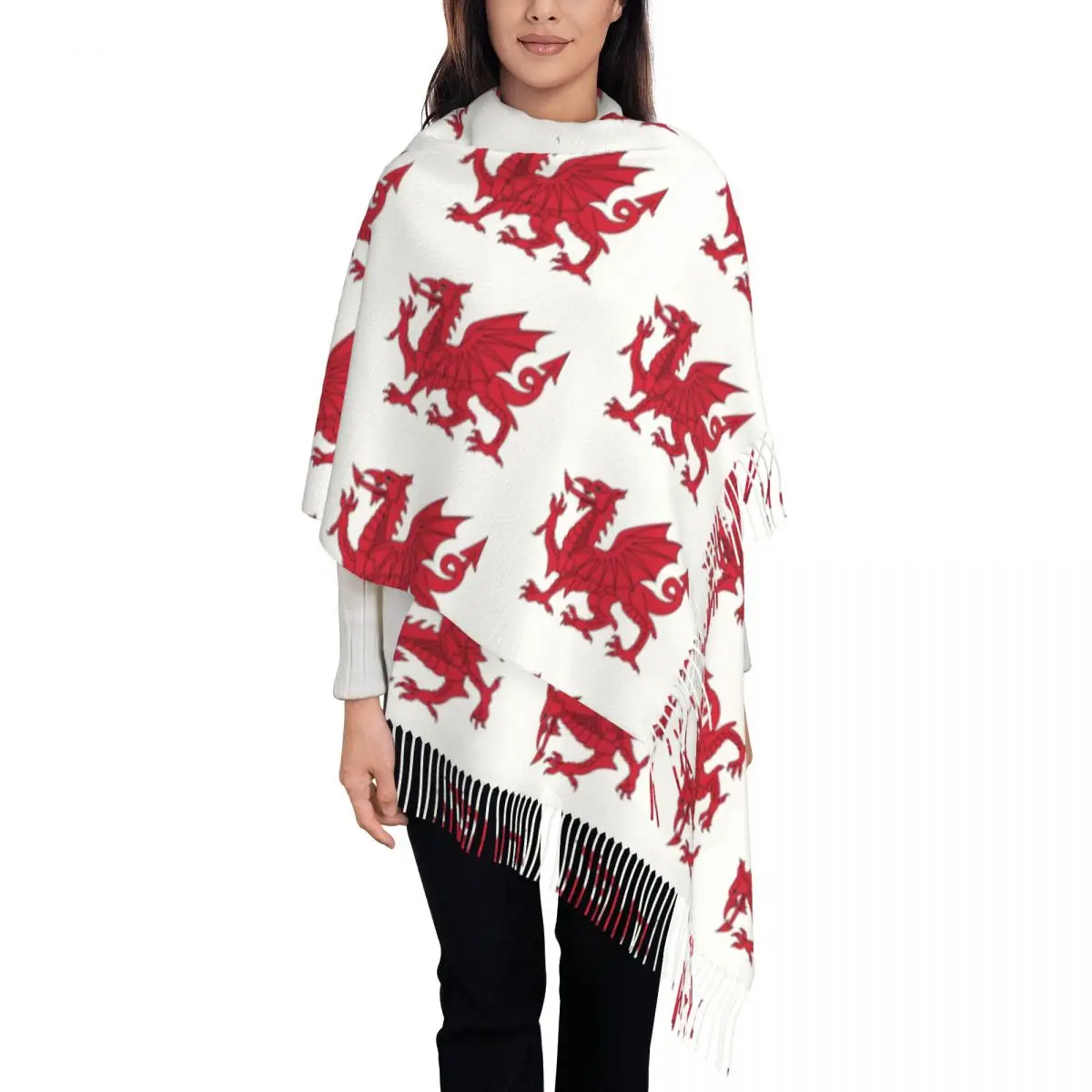 Wales Flag Red Dragon Scarf Wrap for Women Long Winter Fall Warm Tassel Shawl Unisex Welsh Proud Scarves