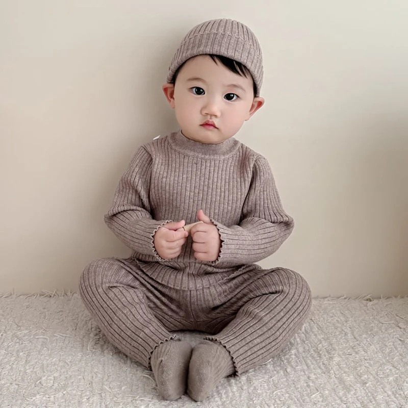

2025 New Autumn 0-4Yrs Children Clothes Set Infant Baby Boys Girl Knitting Clothes Suit Long Sleeved Knitted Pullover+Pants+Hat