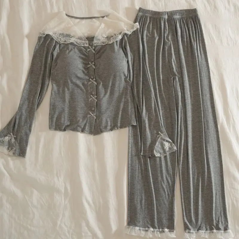 American style spicy girl retro sleepwear set with chest cushion spring and autumn sexy lace edge women's home suit set