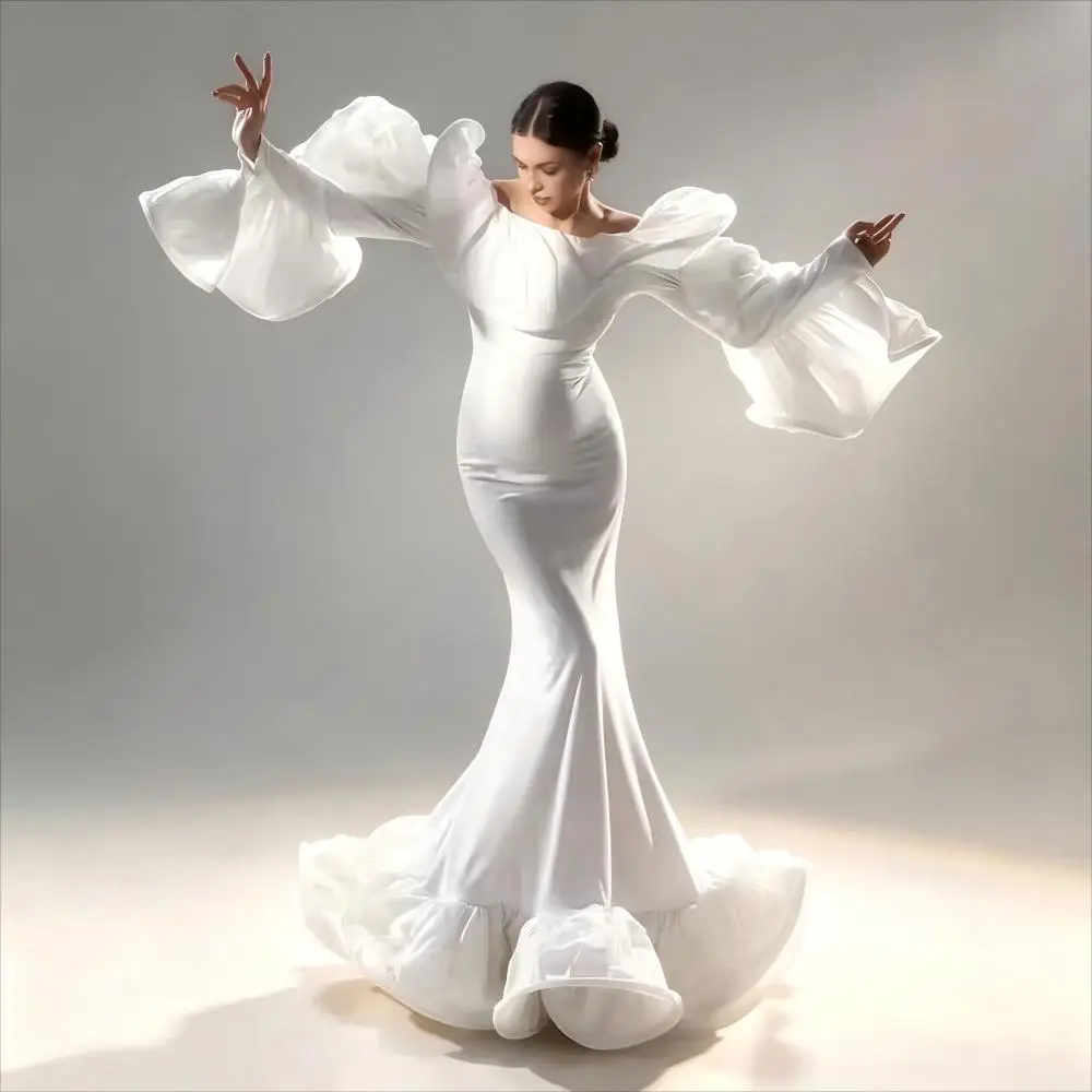Advanced Atmosphere White Pregnant Women's Photo Dress Exaggerated Trumpet Sleeves Fish Tail Maternity Dresses For Babyshower