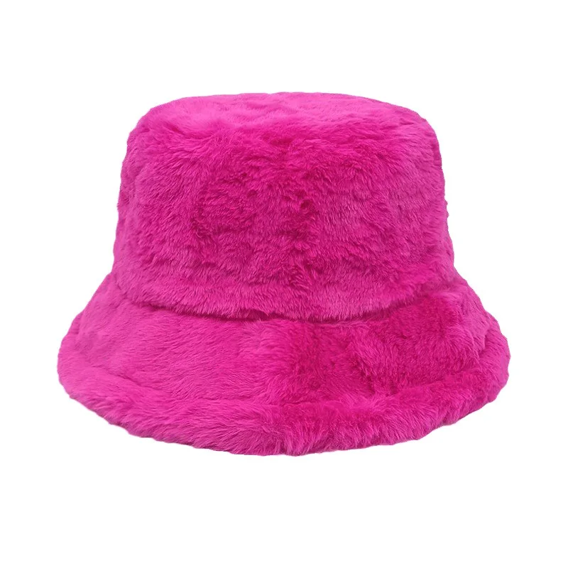 New Solid Color Faux Fur Winter Bucket Hat Women High Quality Warm Female Cap Outdoor Lady Panama Cap Sunscreen Sun Hat Panama