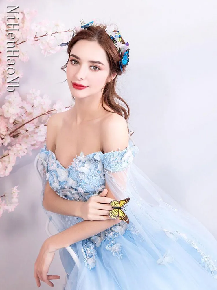 Blue Luxury Party Dress for Women Wedding Off Shoulder Bridal Evening Formal Quinceanera Dresses