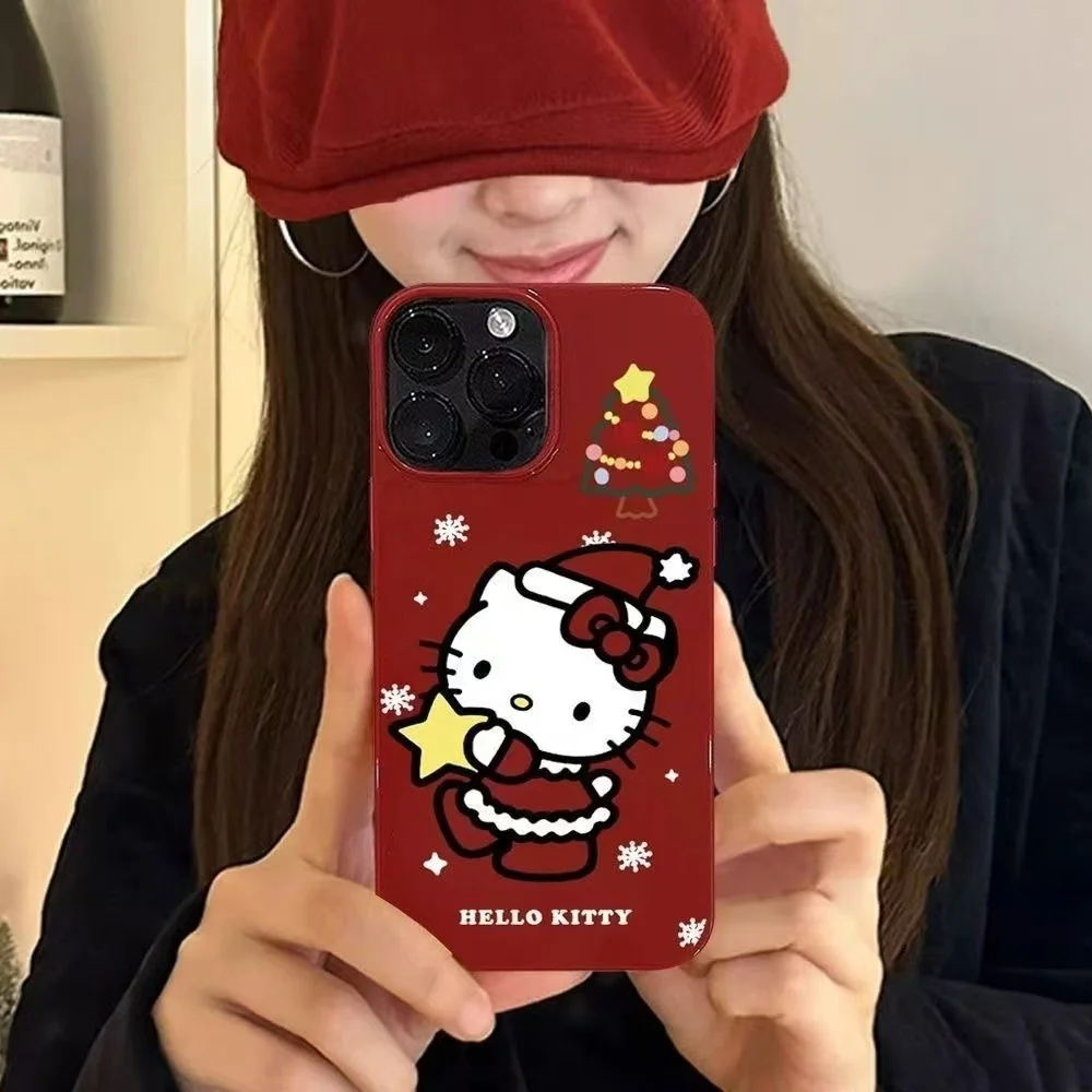 Funda de teléfono roja con estrella de Hello Kitty de Navidad para IPhone 16 15 14 12 13 11 Pro Max XR XS MAX 7 8 PLUS Y2K, funda Kawaii rosa para chica