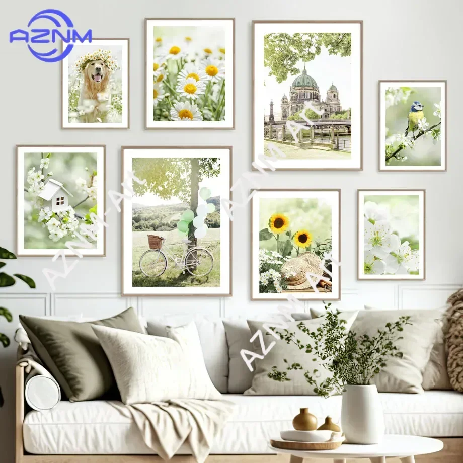 Spring Sunflower Sakura Windmill Farmhouse Church Green Landscape Posters Wall Art Canvas Painting For Living Room Home Decor