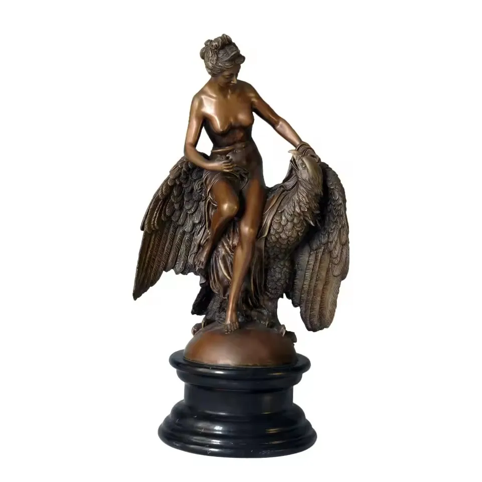 Greek Sculpture Youth Goddess Hebe and The Eagle of Jupiter Bronze Statue Anniversary Gift Wedding Decor Antique Art