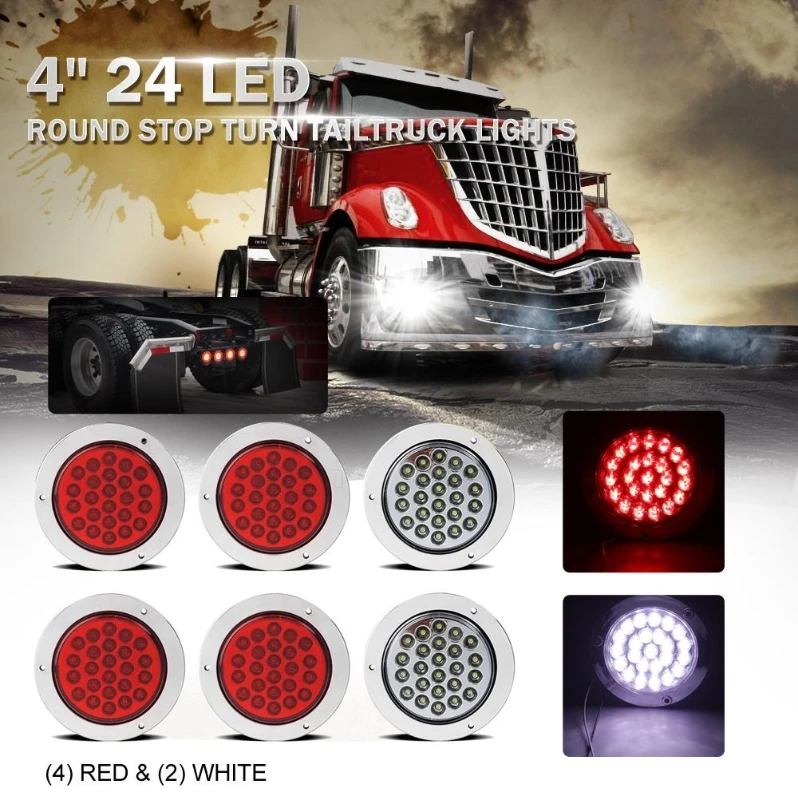 

6pcs/set 4 Inch 24 LED Round Truck Tail Light 12V Brake Light Signal Indicator Lamp (4pcs Red+2pcs White)