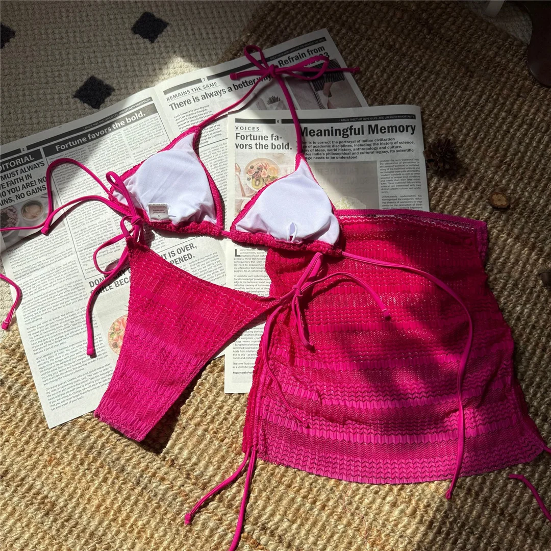 Rosa 3-teiliger Bikini mit Rock, Farbverlauf, Damen-Badebekleidung, Badeanzug, dreiteiliges Bikini-Set, gepolsterter Badeanzug, Badebekleidung, Schwimmbekleidung V6696 – Detail 12