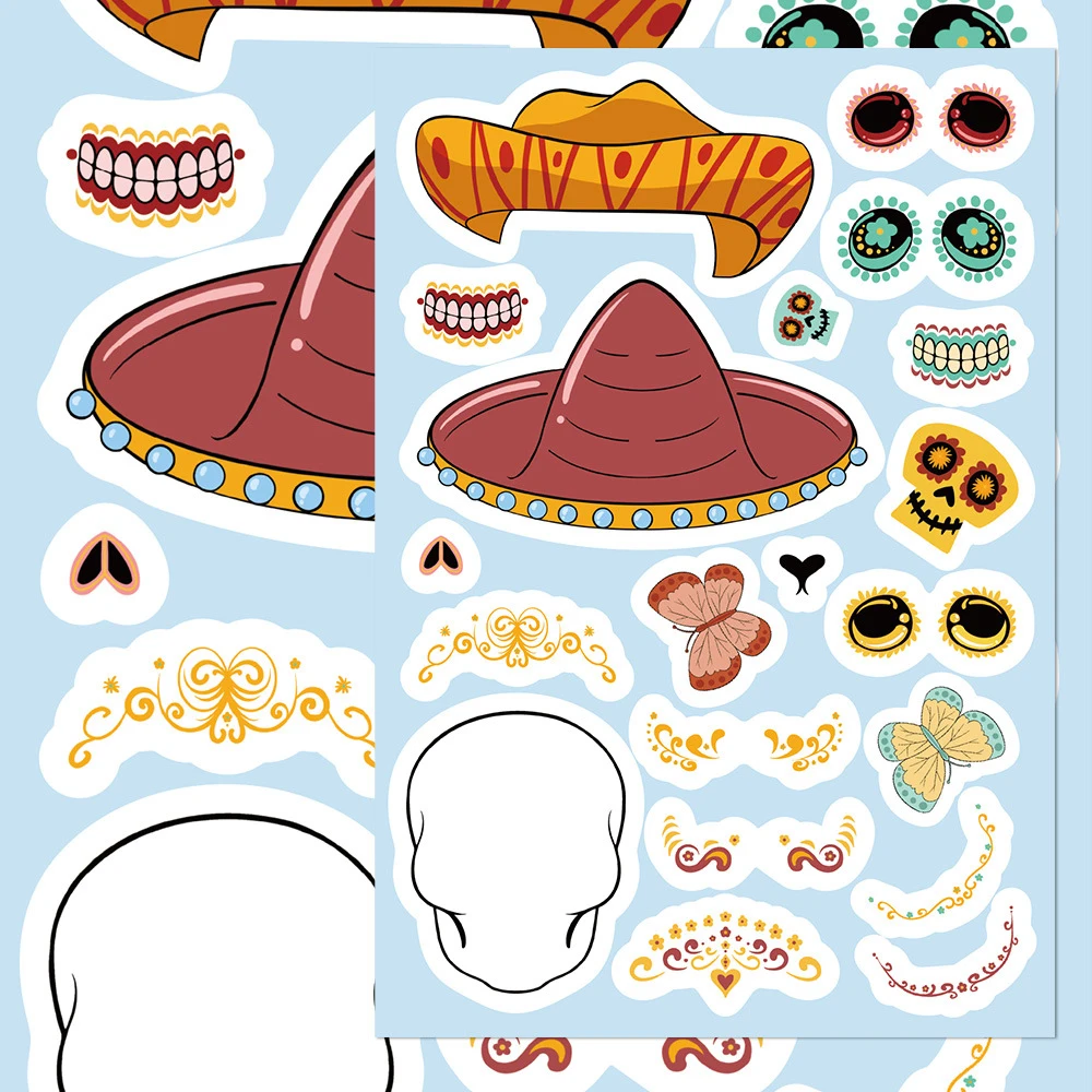 8/16 hojas de pegatinas de rompecabezas del Día de los muertos de dibujos animados, pegatinas divertidas de dibujos animados de calavera para montar, pegatinas de rompecabezas para hacer una cara para niños, Juguetes