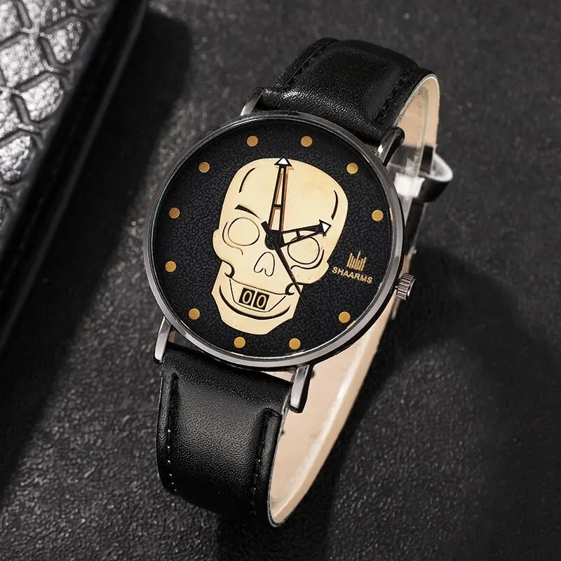 4PCS Set Luxury Men Watches Skull Dial Design Creative Man Watch Leather Strap Bussiness Casual Quartz Wristwatch Relogio