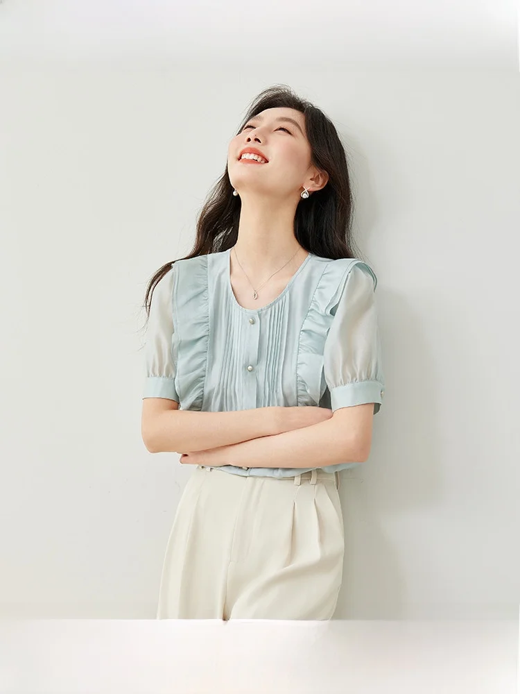 

Женская свободная блузка с эффектом похудения, французский стиль, круглый вырез, на пуговицах, элегантная, модная, летняя новинка