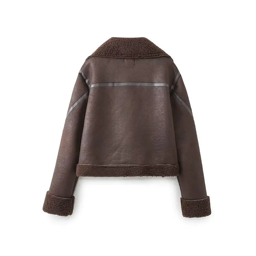 Kaffeefarbener Kragen für Damen, Reißverschluss, pelzbeschichtet, Jaet ort Oberbekleidung, Cleanfit Sle PU-Material, 3D-Effekt für mittleres Alter...