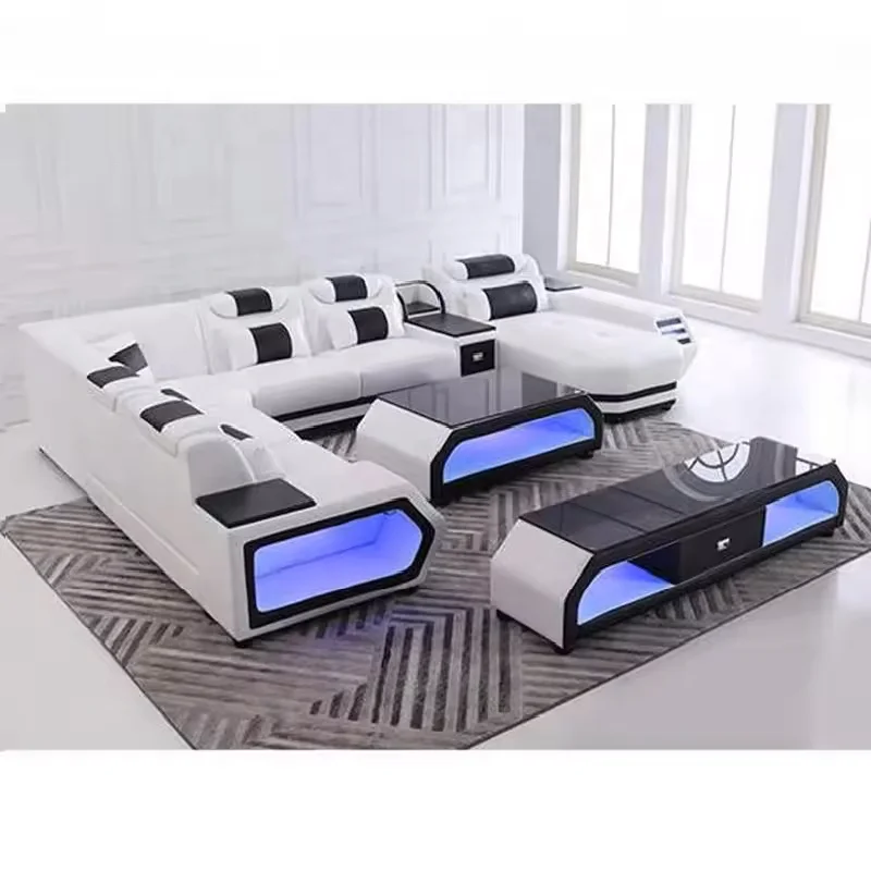 *# American Style Hot Sale Fashion Living Room Sofas White Led Lights, Modern Classic Luxury Genuine Leather Sofa Set