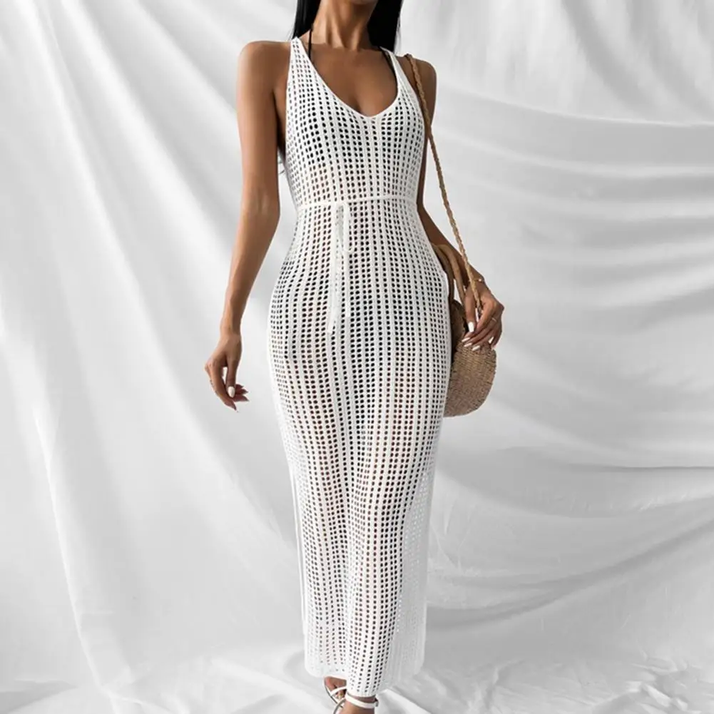 Populer penutup luar gaun bernapas Hollow keluar wanita warna murni celah Bikini menutupi gaun pantai perlindungan matahari