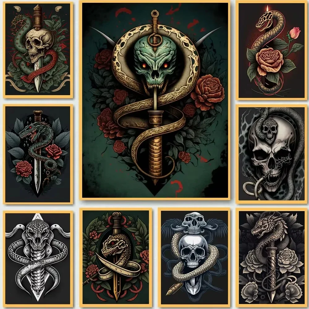 مجردة بيثون الجمجمة السيف مخيف قماش اللوحة Vintage ملصق فني الطباعة غرفة المعيشة ديابلو نمط ديكور المنزل صور