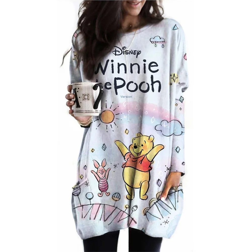 Round neck Winnie the Pooh print top for women, long sleeved casual loose T-shirt, fashionable pocket T-shirt, waist Tops