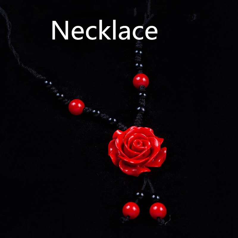 Vintage Lucky Red Rose Floral Jewelry Set for Women Graceful Joker Necklace Earrings Bracelet Rings Lady Neck Accessories 2022