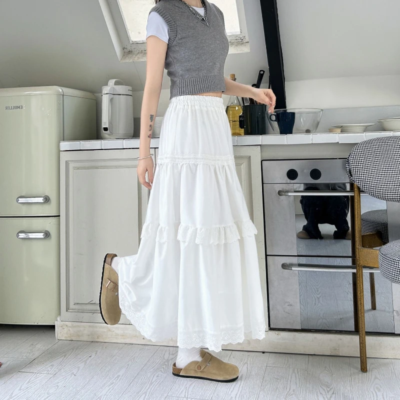 Deeptown White Long Skirt Women Elegant Ruffle Korean Style Lace Midi Skirt Sweet Kawaii High Waist Casual Solid A-line Skirts