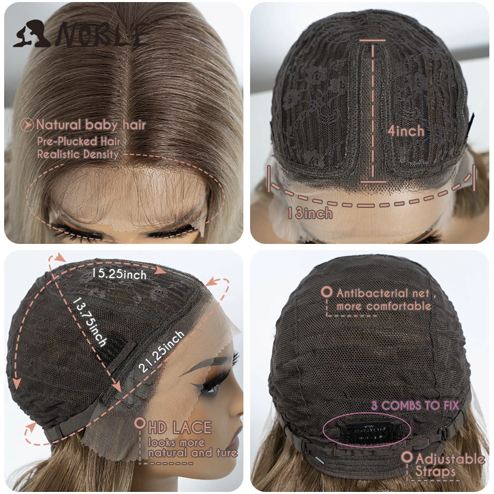 Edle synthetische Lace-Front-Perücke, Body-Wave-Perücke, 14 Zoll, mit Mittelscheitel, Lace-Perücken für Damen, Lace-Front-Perücke, Ombré-Blond, goldene Perücke. – Detail 14