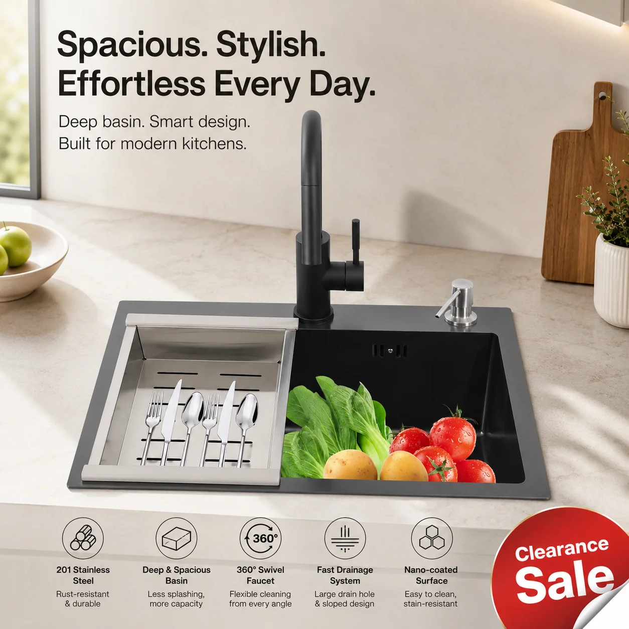 Fregadero de Cocina de Acero Inoxidable 201 Negro de 40x45cm, Fregadero de Acero Inoxidable Nano Cepillado de 2mm de Grosor con Grifo 360 ° Cesta de drenaje giratoria para grifo, dispensador de